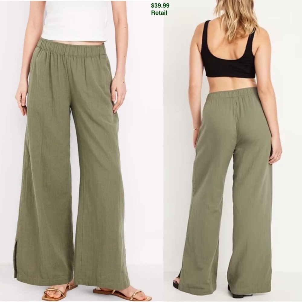 OLD NAVY High-Waist Crinkle Gauze Super Wide Leg Pants M Tall Green Coastal Boho